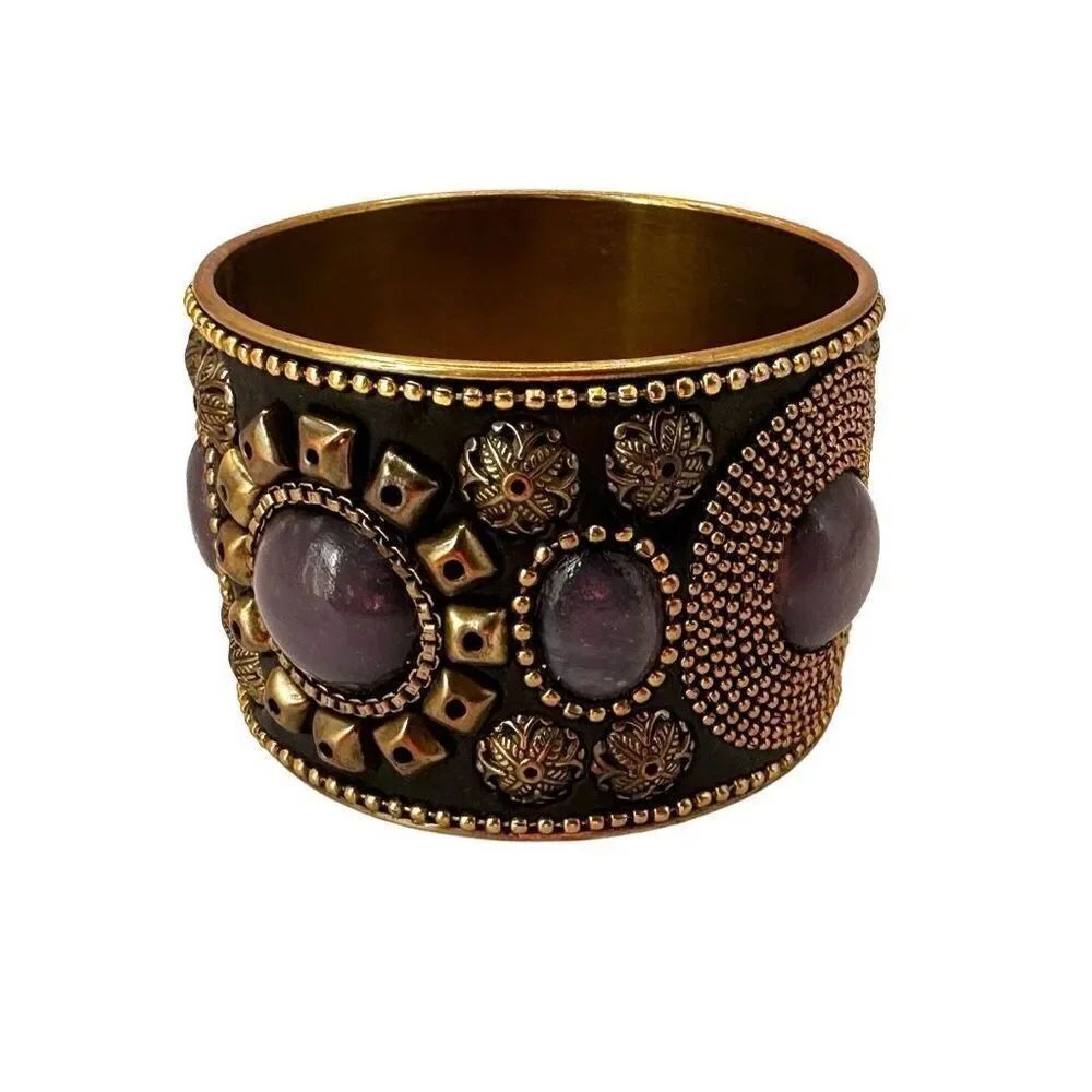 Brass and purple beaded wide bangle bracelet